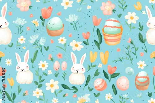 Blue Background With Easter Eggs and Bunnies