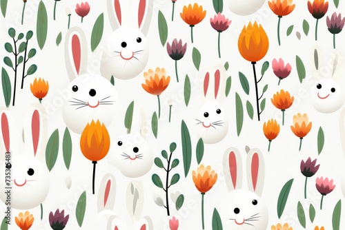 Pattern of Rabbits and Flowers on White Background
