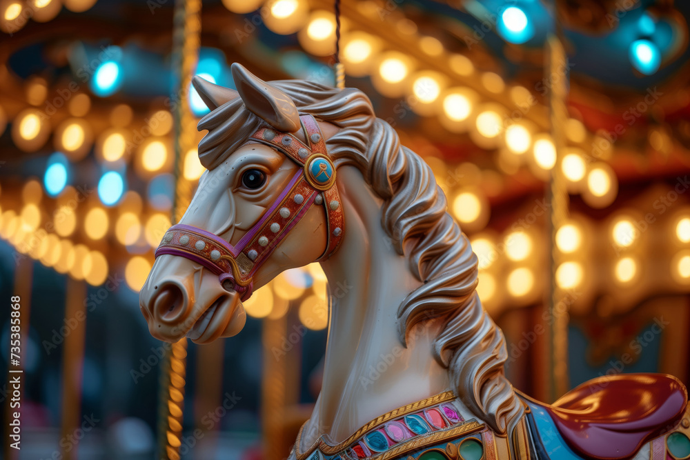 Carousel with horses and glowing lights close-up, park attraction