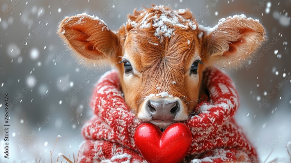 a brown cow wearing a red and white sweater holding a red heart in it's mouth in the snow. a brown cow wearing a red and white sweater holding a red heart in it's mouth in the snow.