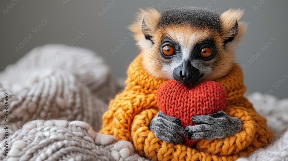 a close up of a stuffed animal with a knitted heart on it's chest sitting on a blanket. a close up of a stuffed animal with a knitted heart on it's chest sitting on a blanket.