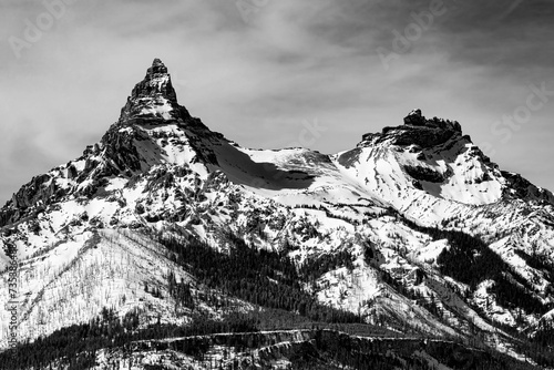 Classic black and white landscape art of snow-covered Pilot and Index Peaks during winter in the Yellowstone ecosystem of northwest Wyoming, USA.