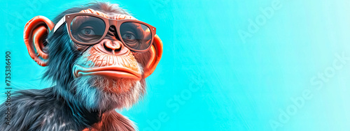 A chimpanzee with water goggles on an azure backdrop, copy space