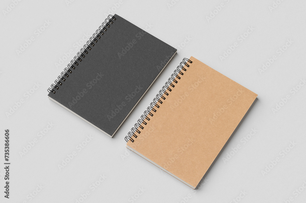 Black and kraft spiral notebooks mockup.