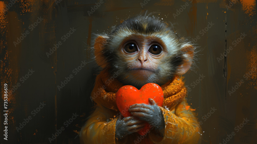 a painting of a monkey holding a heart with a scarf around it's neck and wearing a scarf around its neck.