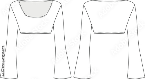 wide scoop u neck drop shoulder flared long sleeve cropped crop blouse top sweater template technical drawing flat sketch cad mockup fashion woman design style model 