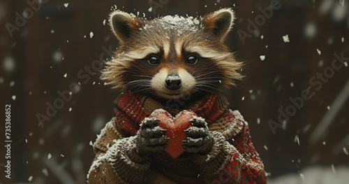 a raccoon holding a heart in its hands in a winter scene with snow falling on the ground and a wooden fence in the background. photo