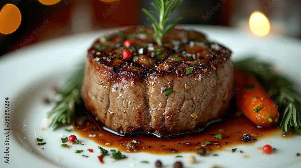 a white plate topped with a piece of meat covered in sauce and garnished with a sprig of rosemary. a white plate topped with a piece of meat covered in sauce and garnished with a sprig of rosemary.