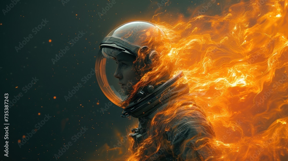 a man in a space suit standing in front of a blazing orange and black background with a helmet on his head.