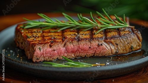 a piece of steak with a sprig of rosemary on top of it on a black plate on a wooden table. photo