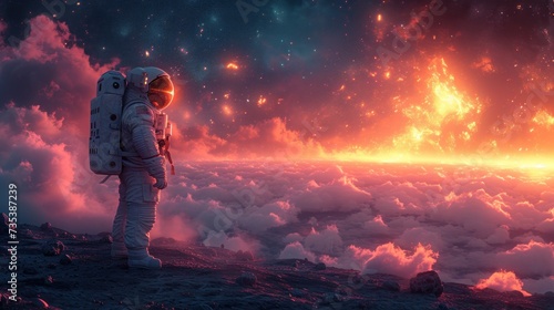 a man in an astronaut's suit standing on top of a mountain surrounded by clouds and a star filled sky.