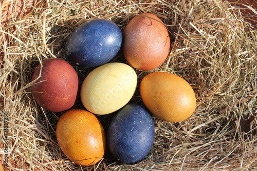 Naturally colored Easter eggs in a basket on a meadow