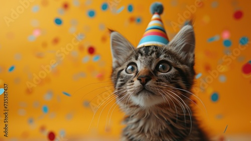 a small kitten wearing a party hat with confetti on it's head and a party streamer in the background.