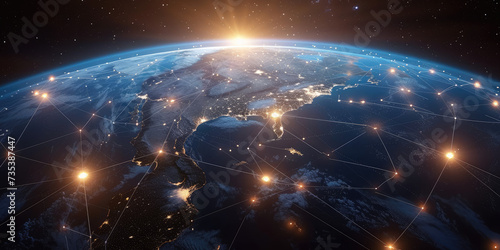 View of Earth from space with a telecommunication network of illuminated connections sprawling across continents  Symbolizing of communication and the interconnected nature