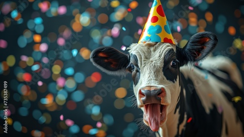 a close up of a cow wearing a party hat with confetti on it's head and tongue.