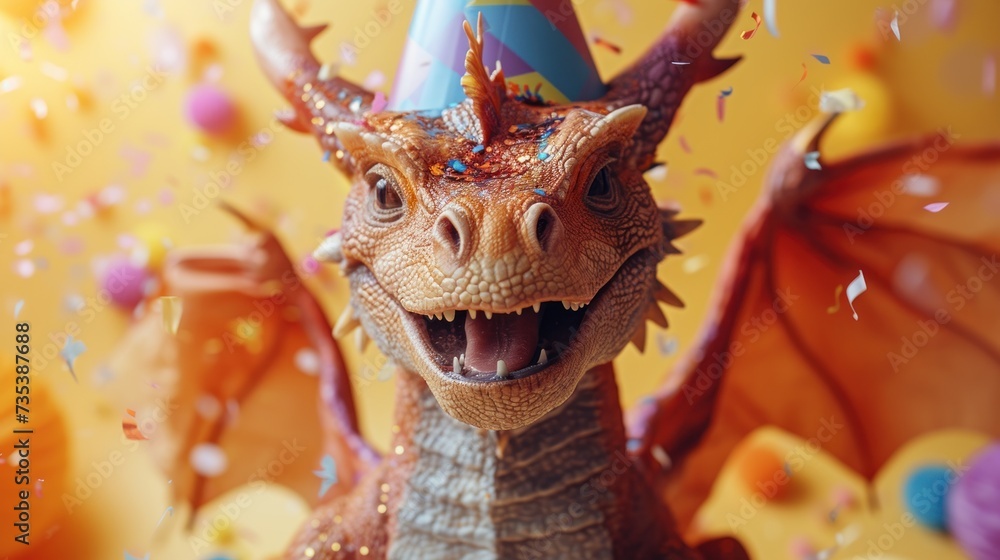 a close up of a toy dragon wearing a party hat with confetti all over it's face.