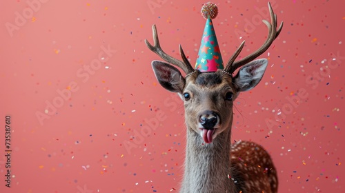 a deer wearing a party hat with confetti on it's head and a party hat on it's head.