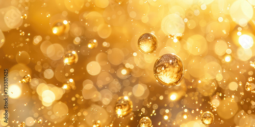 Golden oil bubbles suspended, creating a luxurious and rich texture against a soft bokeh background.