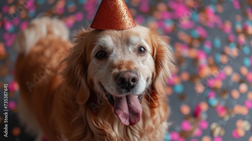 a close up of a dog wearing a party hat with confetti on it's head and tongue sticking out. photo