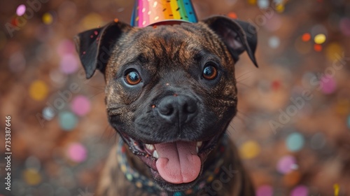 a close up of a dog wearing a party hat with confetti on the top of it's head. photo