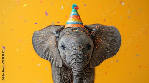 an elephant wearing a party hat with sprinkles on it's head, against a yellow background. photo