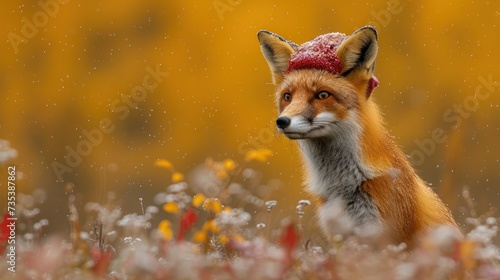 a close up of a fox in a field of flowers with a red hat on it's head and a yellow background.