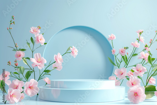 3d render, abstract minimal scene with geometrical forms, podiums, palm leaves, flowers on a blue background.