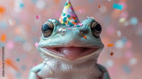 a frog wearing a party hat with confetti and confetti on it's head and eyes. photo