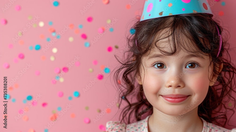 a little girl wearing a party hat with confetti on top of her head in front of a pink background. a little girl wearing a party hat with confetti on top of her head in front of a pink background.