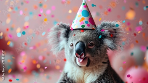 a koala bear wearing a party hat with confetti on it's head and a party hat on it's head. photo