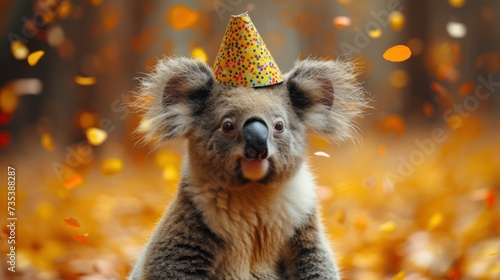 a koala wearing a party hat with confetti on it's head and a party hat on its head. photo