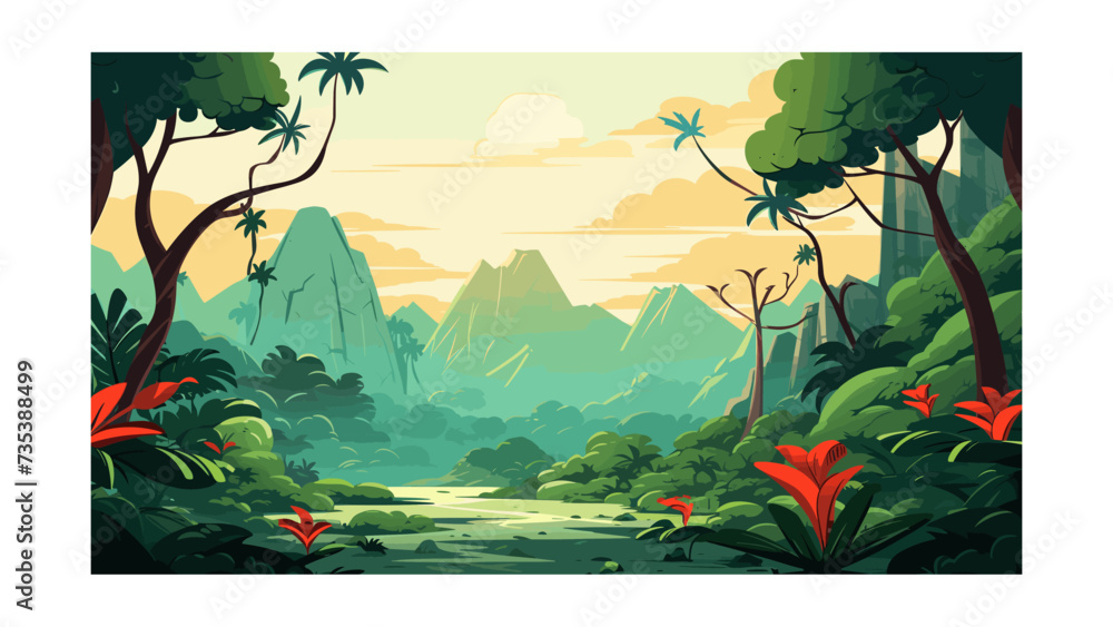 Fototapeta premium Beautiful view of the jungle. Vector illustration in cartoon style