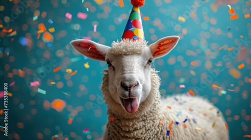 a llama wearing a party hat with confetti on it's head and sticking its tongue out. photo