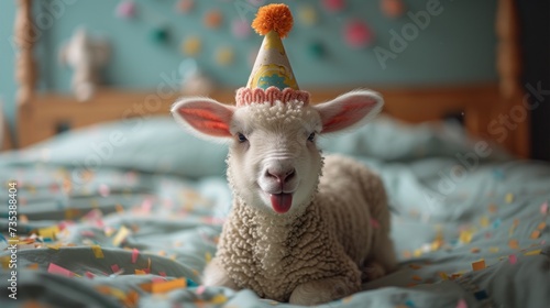 a sheep with a party hat on laying on a bed with confetti on it's head and it's tongue sticking out.