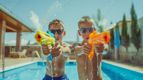 Two boys shoot each other with water pistols in front of a swimming pool