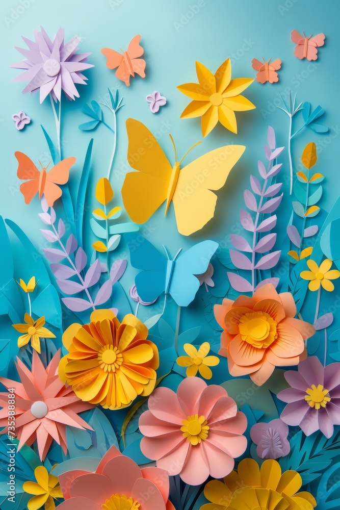 Obraz premium Flowers, butterflies, and azure background create a botanical paradise