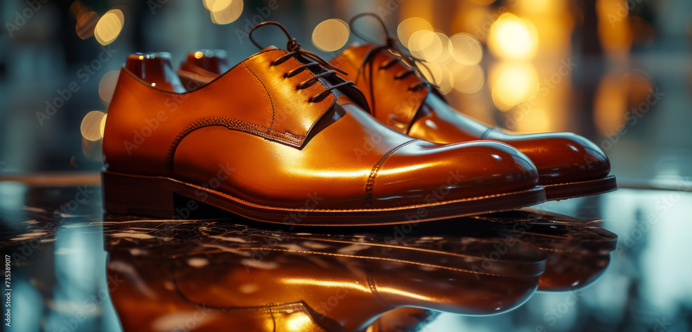 The reflection of city lights in polished leather shoes, a modern urban twist on classic elegance - obrazy, fototapety, plakaty 