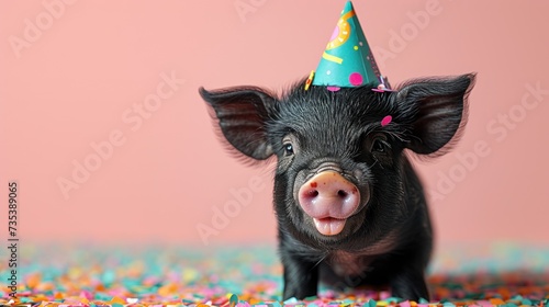 a small pig with a party hat on it's head sitting on a bed of sprinkles. photo