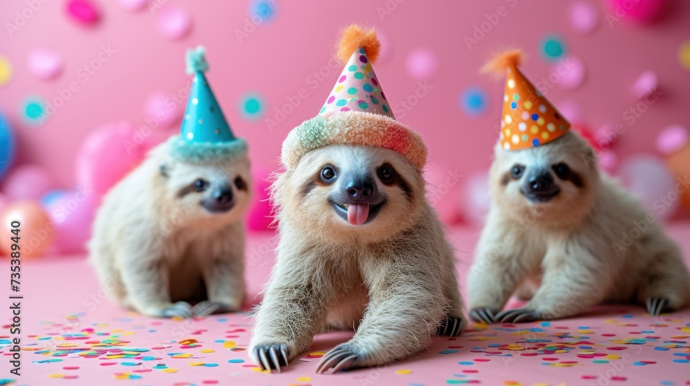 three sloths wearing party hats and confetti are sitting on a pink surface with balloons and confetti.