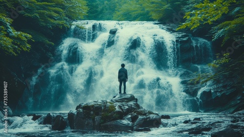 A tranquil waterfall, with a person standing on a rocky outcrop against a backdrop of cascading waters and lush foliage