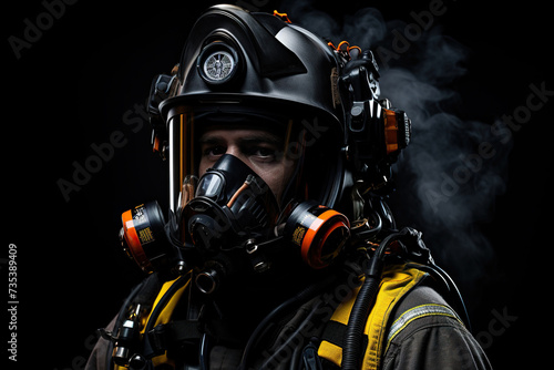 Rescuer, firefighter in a protective suit with a helmet and gas mask close-up. Generated by artificial intelligence