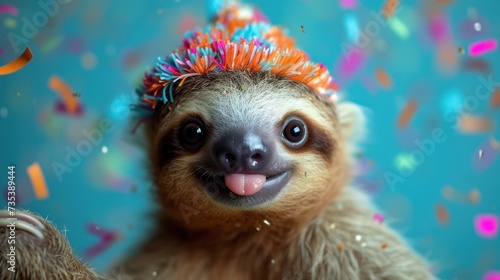 a baby sloth wearing a party hat and sticking its tongue out with confetti on it's head.