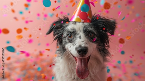 a black and white dog wearing a party hat with confetti on it's head and tongue sticking out. photo