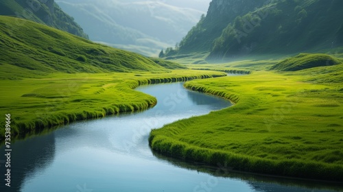 A tranquil river winding through a verdant valley