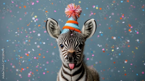 a baby zebra wearing a party hat with confetti on it s head and sticking its tongue out.
