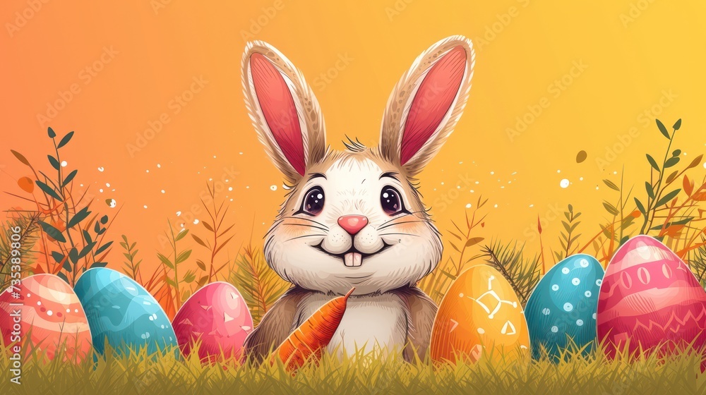 an easter bunny sitting in the grass with painted eggs in front of an orange background with a carrot in the foreground.