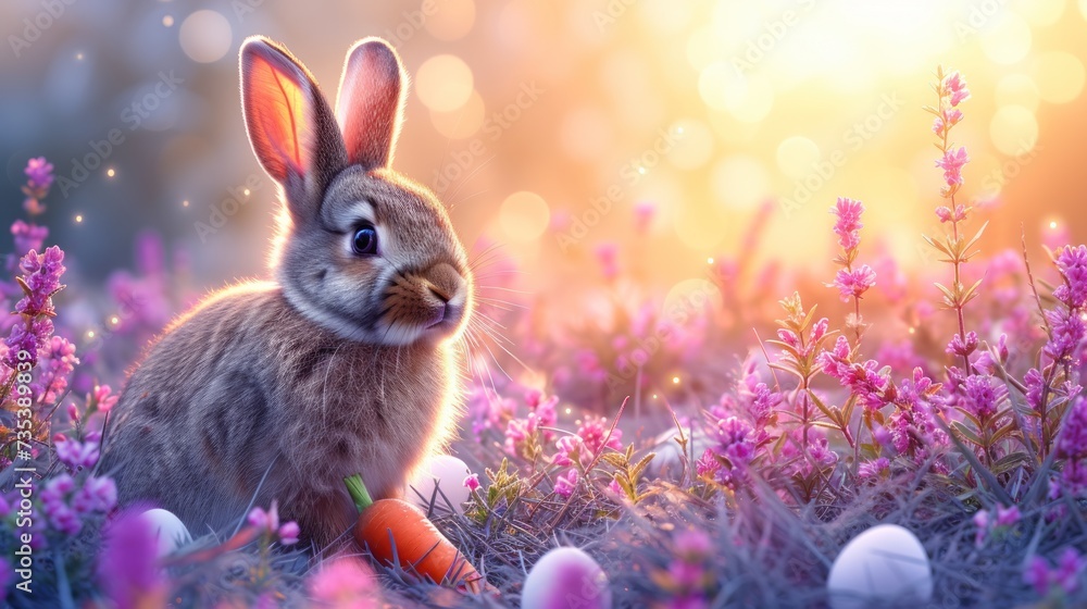 a rabbit is sitting in the middle of a field of flowers with a carrot in the foreground and an egg in the foreground. a rabbit is sitting in the middle of a field of flowers with a carrot in the foreground and an egg in the foreground.