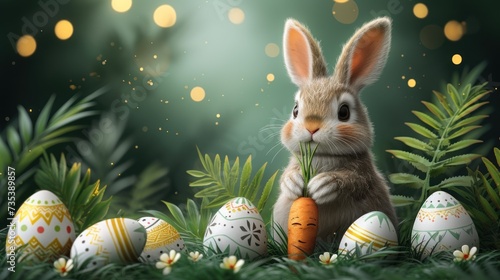 a painting of a rabbit holding a carrot in front of a group of decorated eggs in the grass with lights in the background.