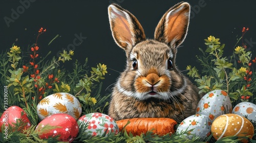a painting of an easter bunny surrounded by painted eggs and flowers on a black background, with a black background.