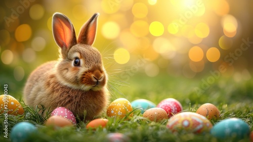 a rabbit sitting in the grass next to a bunch of easter eggs with the sun shining through the trees in the background.